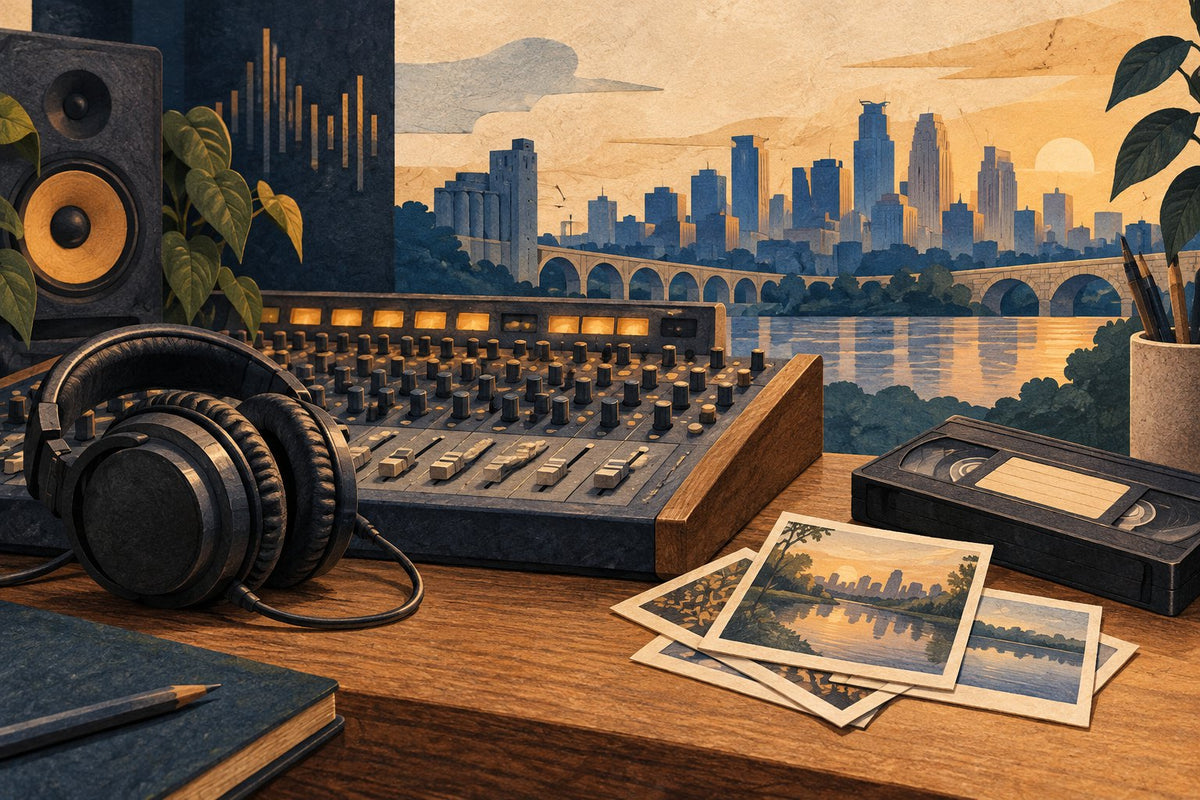 Illustration connecting a music mixing desk, headphones, photographs and VHS tape with Minneapolis.