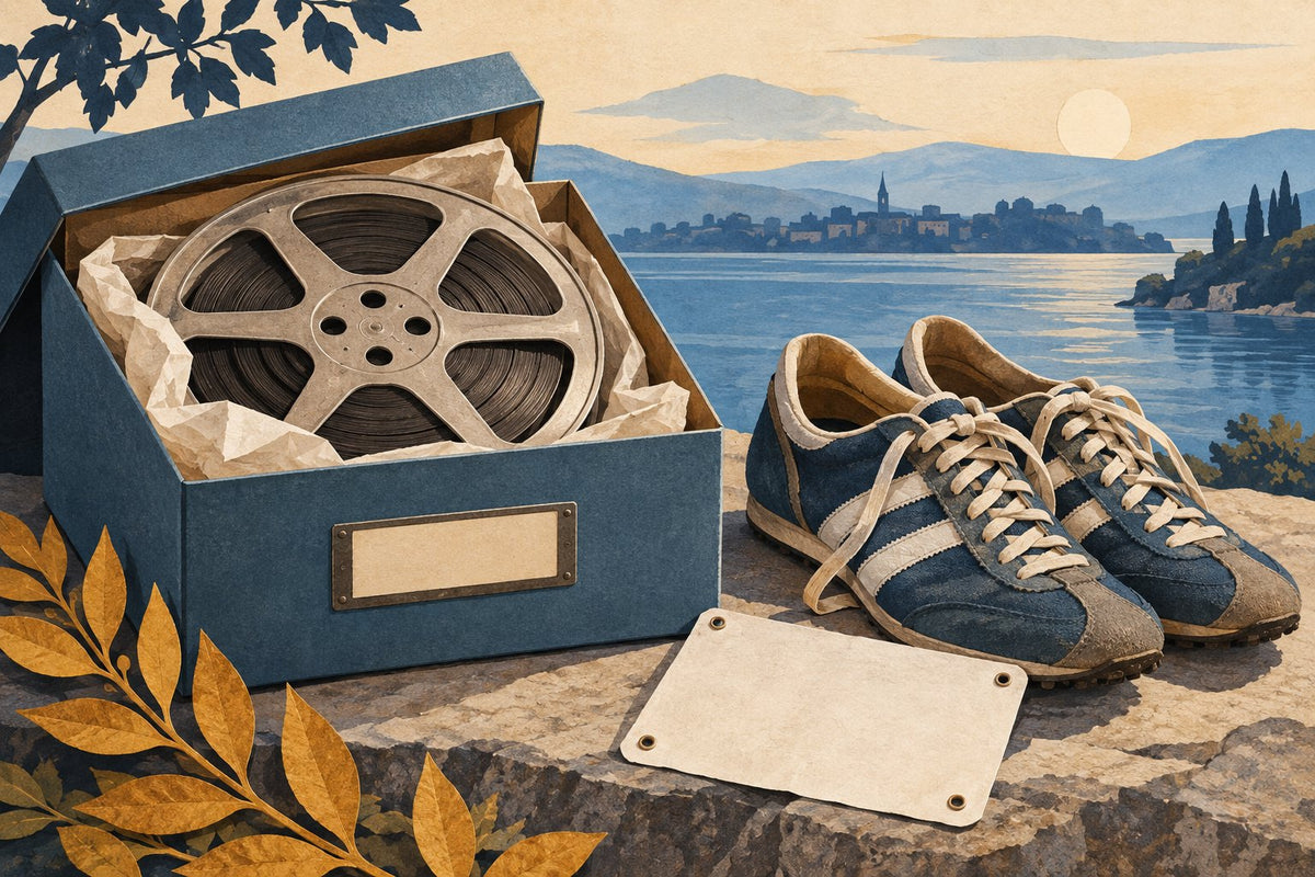 Conceptual illustration of a stored movie-film reel beside running shoes and a blank race bib.