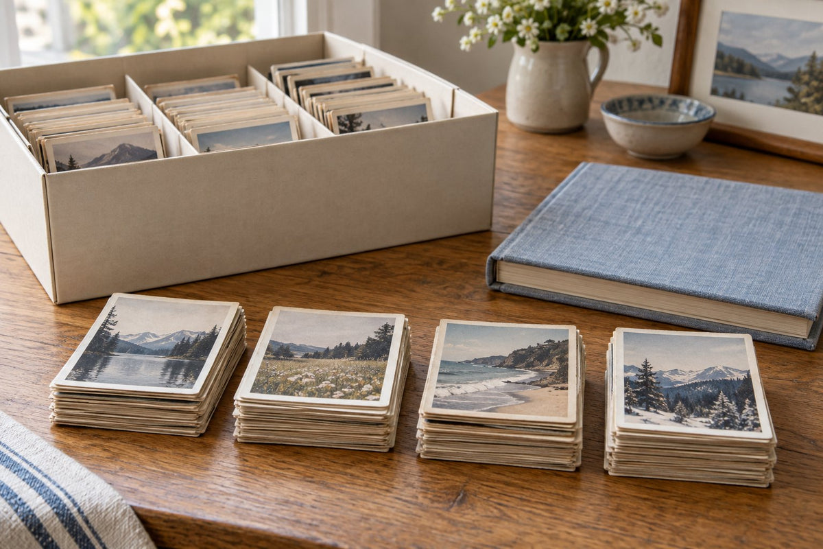 Sorted stacks of old photographs beside a divided storage box and album; AI-generated editorial image.