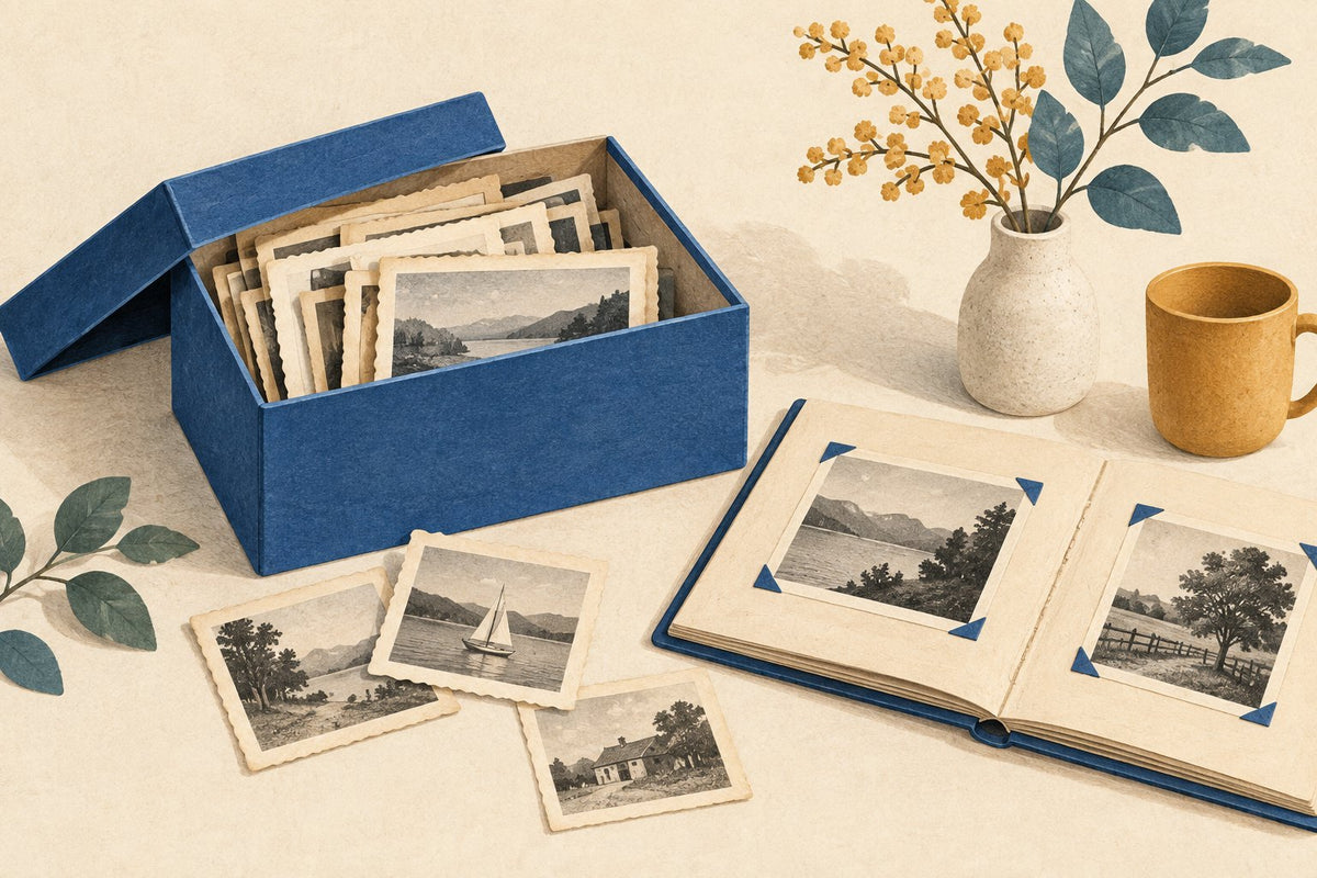 Illustration of a box of old photo prints beside an open family album.