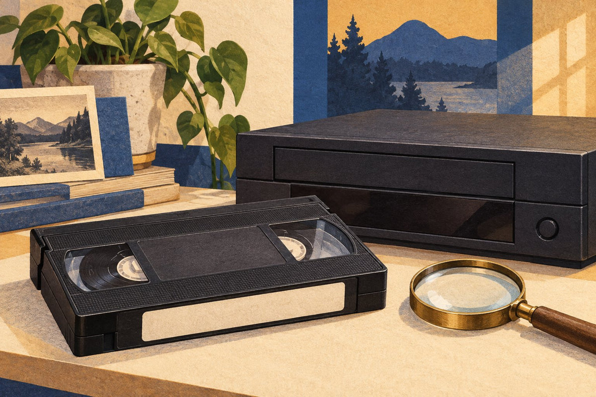 Illustration of a VHS cassette beside a VCR and magnifying glass, representing tape assessment.