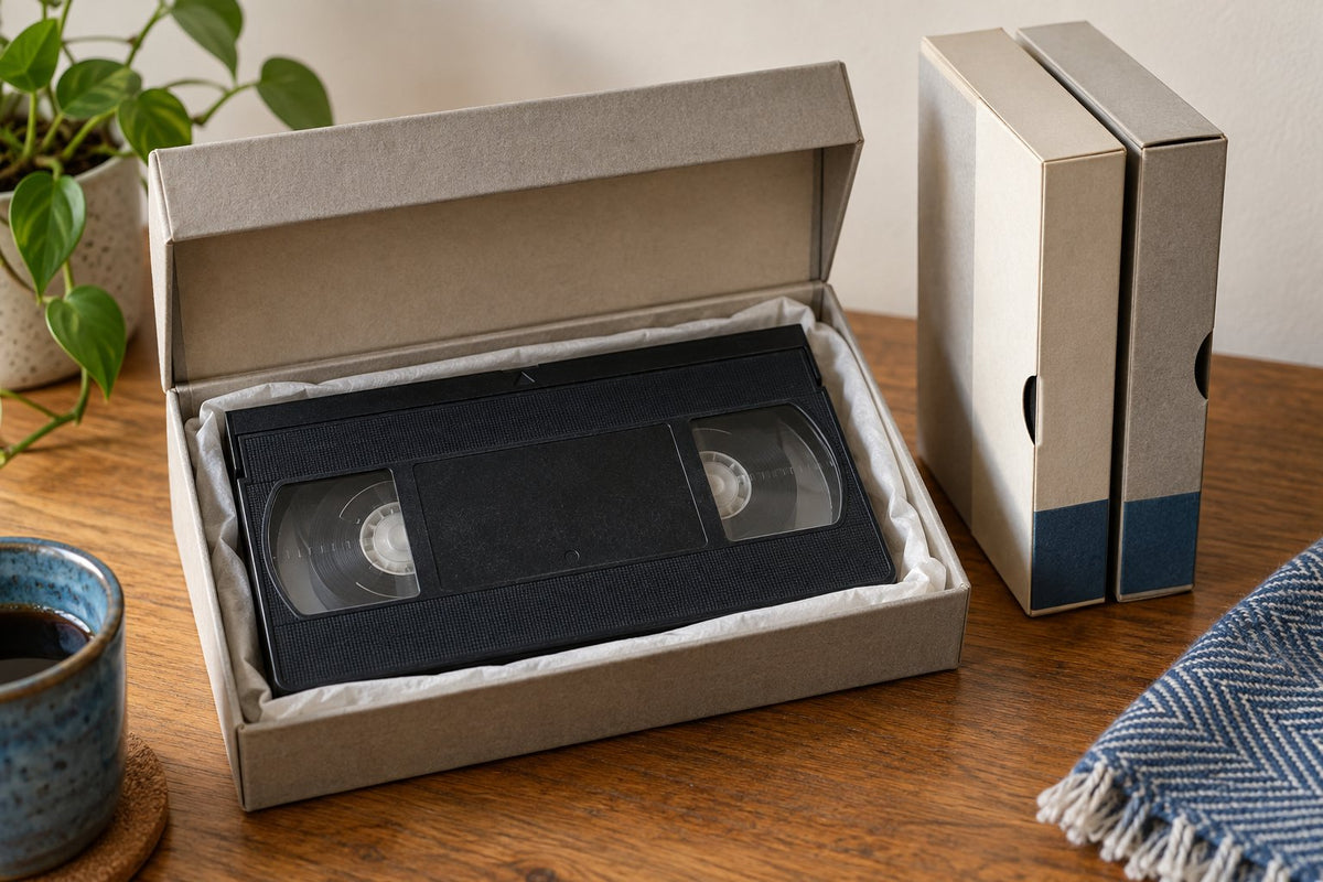 VHS cassette in a protective storage box beside tape sleeves; AI-generated editorial image.