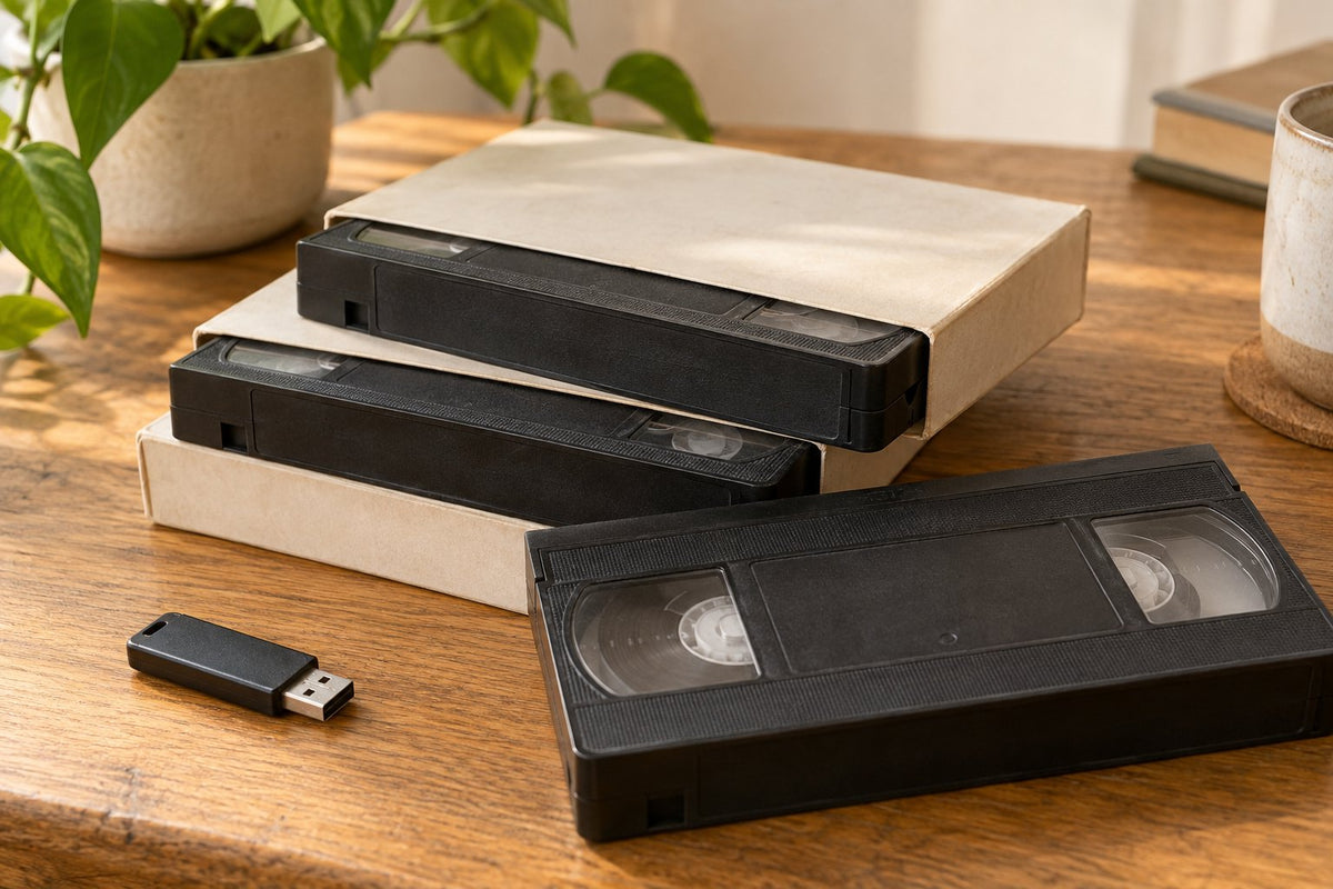 VHS cassettes in protective sleeves beside a USB drive; AI-generated editorial image.