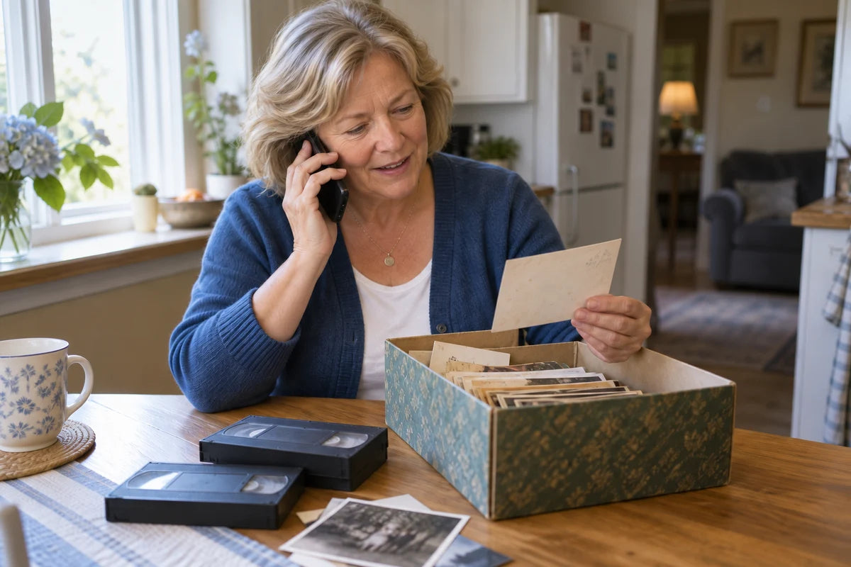 Illustrative scene of a customer calling about her family photo collection