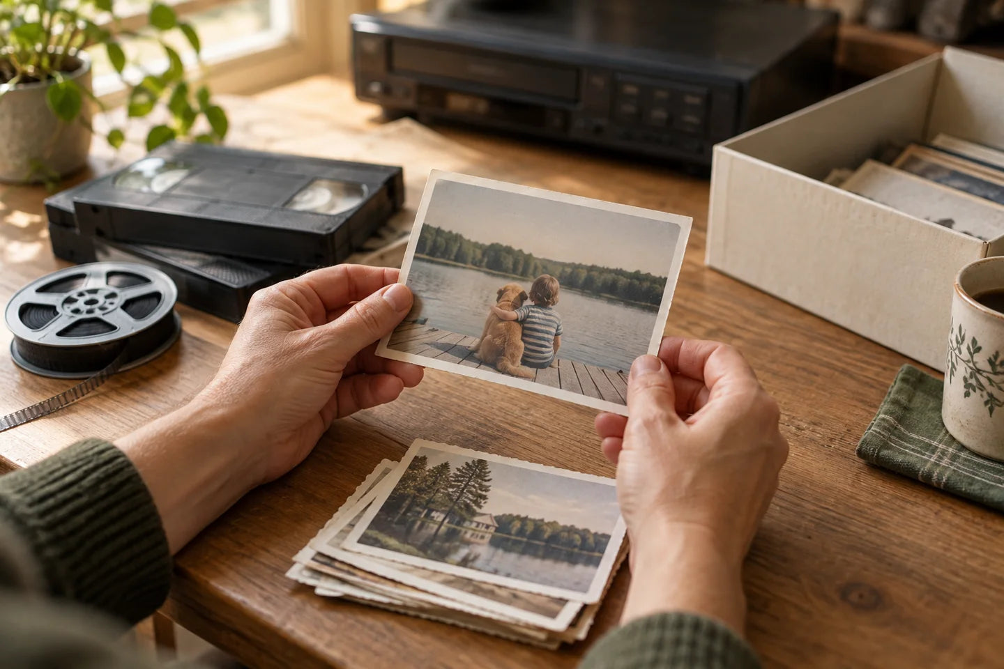 Illustrative scene of family photos being carefully handled beside videotapes and a film reel