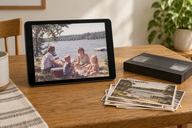 Illustration of a family photograph on a tablet beside original prints and a video tape
